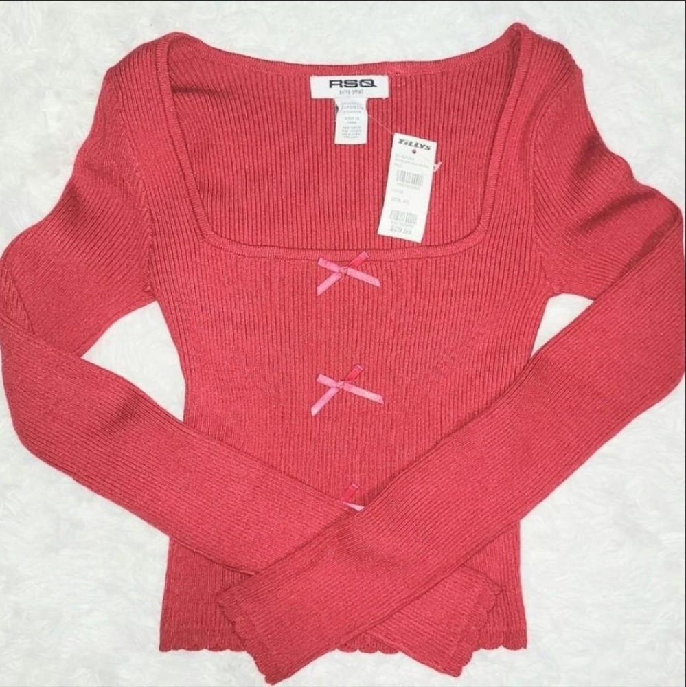 Tillys Red Ribbed Long Sleeve Top With Bow Detailing Women's US XS! ✨️ NWT